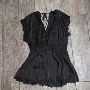 Elegant Black Lace Trim Women's Top